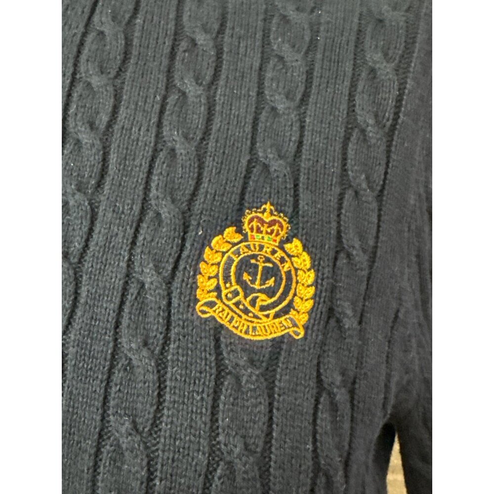 Ralph Lauren Navy Cable Knit Turtleneck Sweater with Gold Crest - Picture 7 of 9